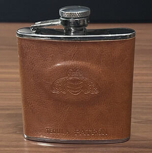 5oz Promo Hip Flask, Patron Tequila Stainless Steel & Brown Leather - Free Ship!